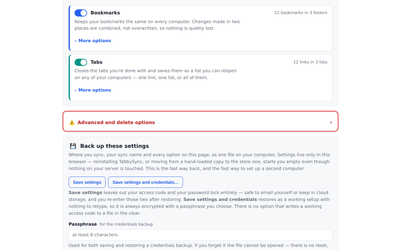 The Bookmarks and Tabs cards in TabbySync options, light mode.