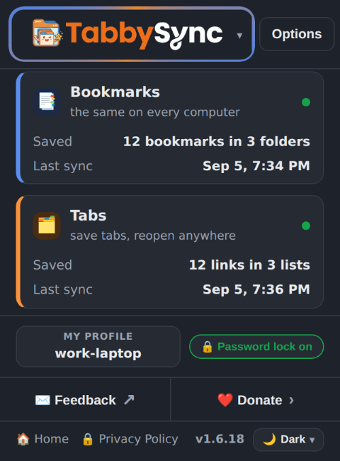 The same TabbySync popup in dark mode.