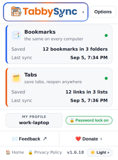 TabbySync popup in light mode, showing the Bookmarks and Tabs cards with their sync status.