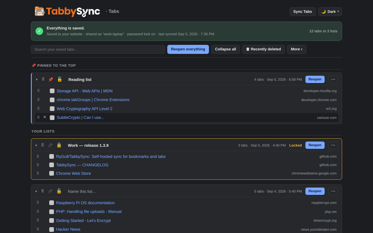 The same TabbySync tab list in dark mode.