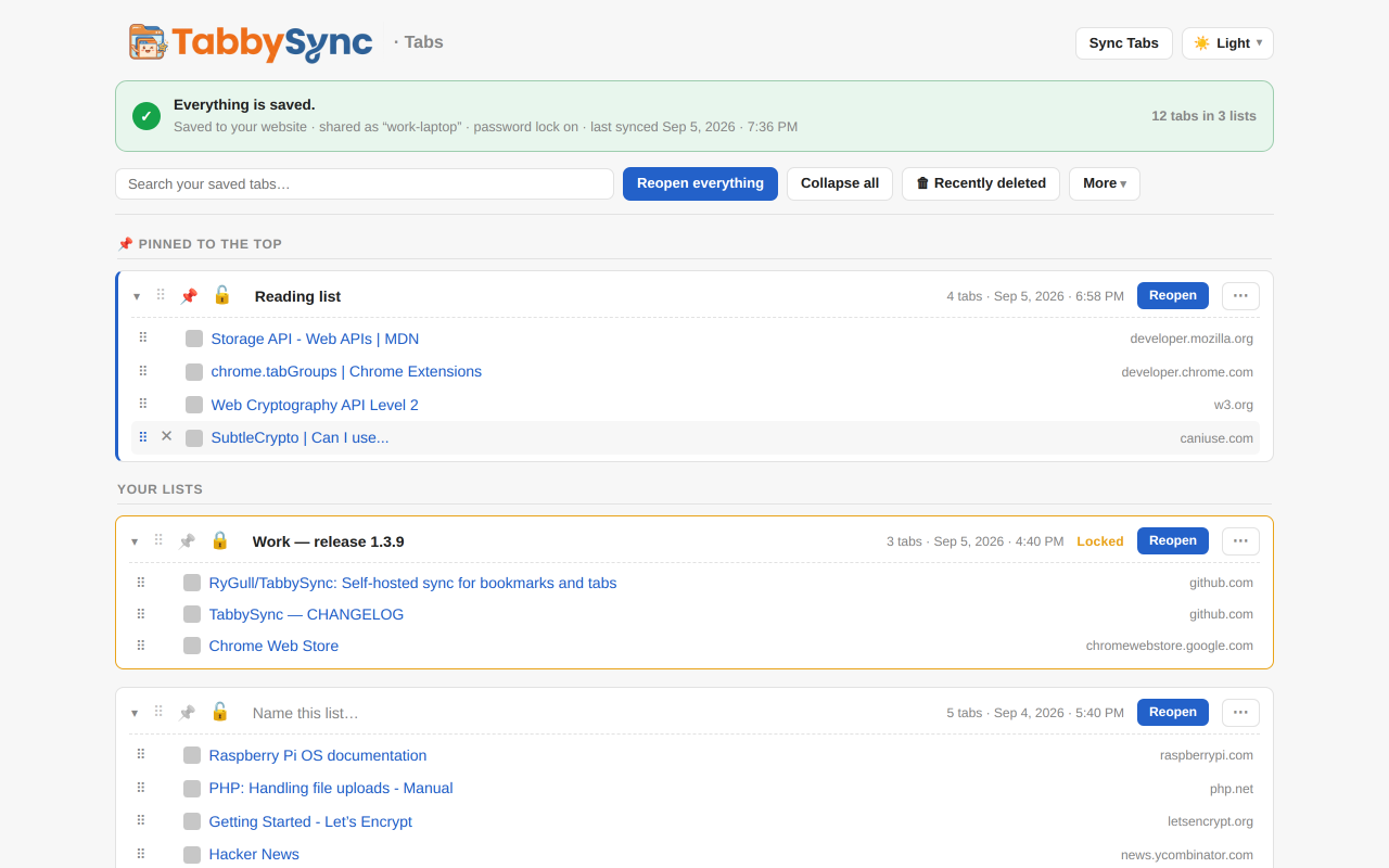 The TabbySync tab list in light mode with a pinned reading list and a locked work list.