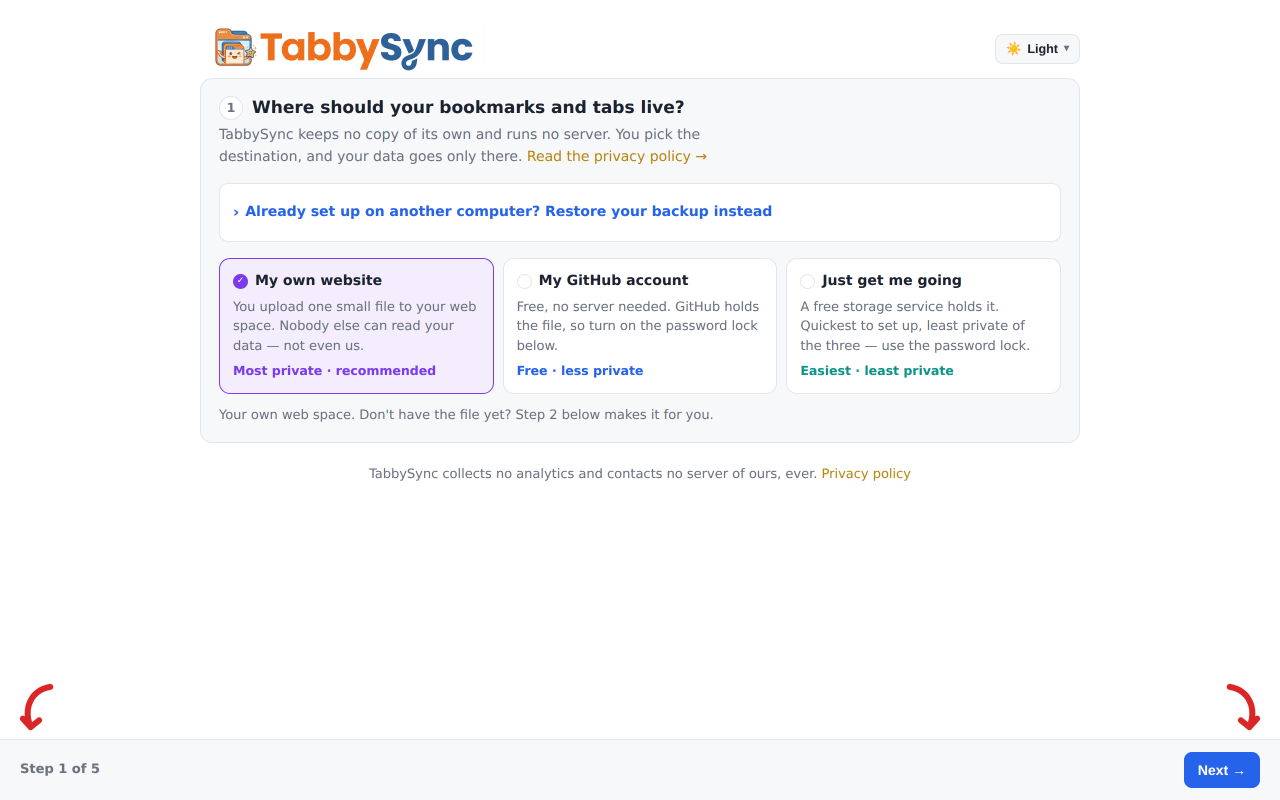 TabbySync's guided setup wizard in light mode, showing step 1 with a Back and Next bar.